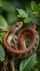 Fototapeta premium Vibrant snake curled on a tree branch, detailed wildlife close-up, exotic reptile photography, nature-inspired visual for blogs, educational content, and conservation awareness