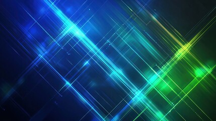 Dynamic abstract composition featuring glowing neon lines and geometric shapes in blue and green hues on a dark background.