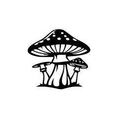 Enchanted Forest: A captivating black and white illustration of three stylized mushrooms, evoking a sense of mystery and wonder.