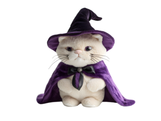 Cute White Cat in Purple Witch Costume for Halloween Celebration