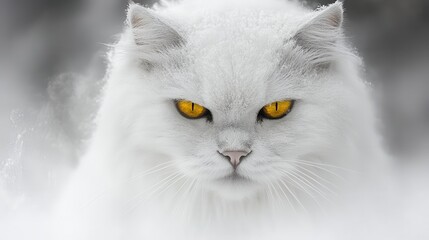 Close up portrait of a fluffy white cat with intense golden eyes, covered in snow or frost. The background is blurred and out of focus, creating a
