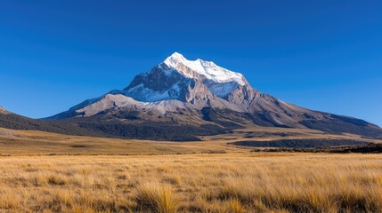 Snow-capped mountain peak in high-altitude grassland, sunny day; travel poster