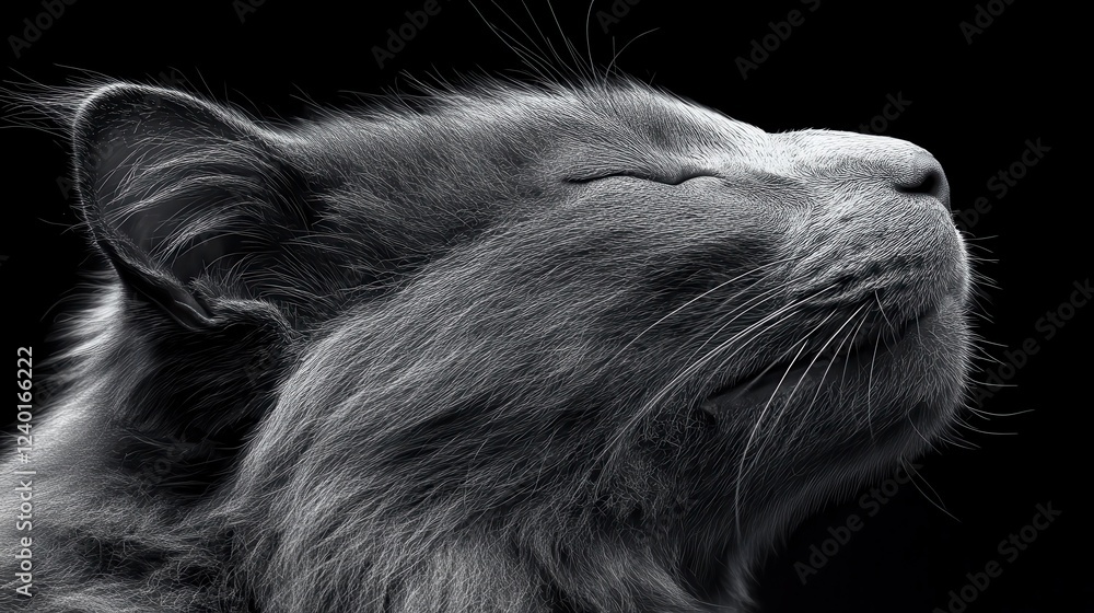Poster close up profile of a gray cat, seemingly composed of countless tiny white particles, set against a 