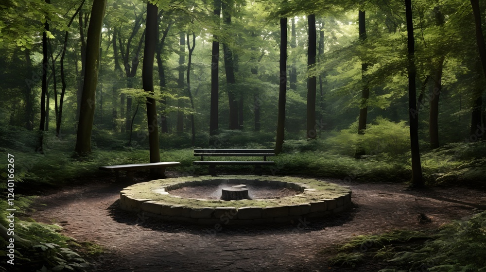 Poster peaceful meditation spot nestled in a sacred forest clearing with sunlight filtering through the tre