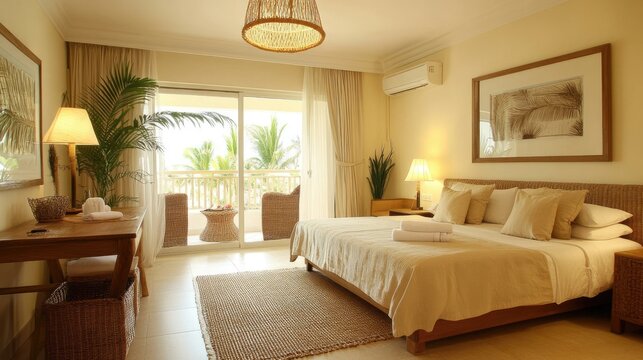 Light and airy condo room with soft beige walls, wooden furniture, and warm woven lighting fixtures.