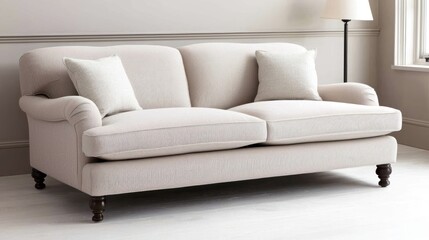 Beige Fabric Sofa with Cushions in Bright Living Room