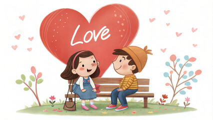 Romantic couple on a park bench with a big heart, Valentine's Day love concept, digital illustration for greeting cards, invitations, and social media