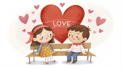 Cute couple sitting on a bench with a heart background, Valentine's Day card, love illustration, romantic clipart for greeting cards, websites, and social media