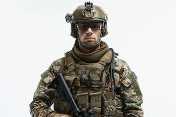 Fototapeta premium Fully Equipped Soldier on white background