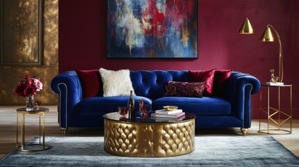 Luxurious living room with a velvet blue couch, gold accents, and a deep burgundy feature wall.