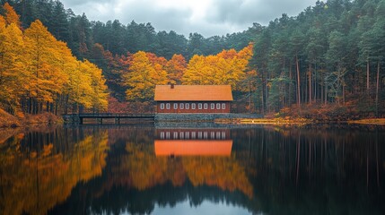 Obraz premium Autumnal lake house reflection.