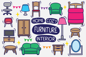 set of furniture doodle with color good for background, wallpaper, element design, sticker, icon, etc