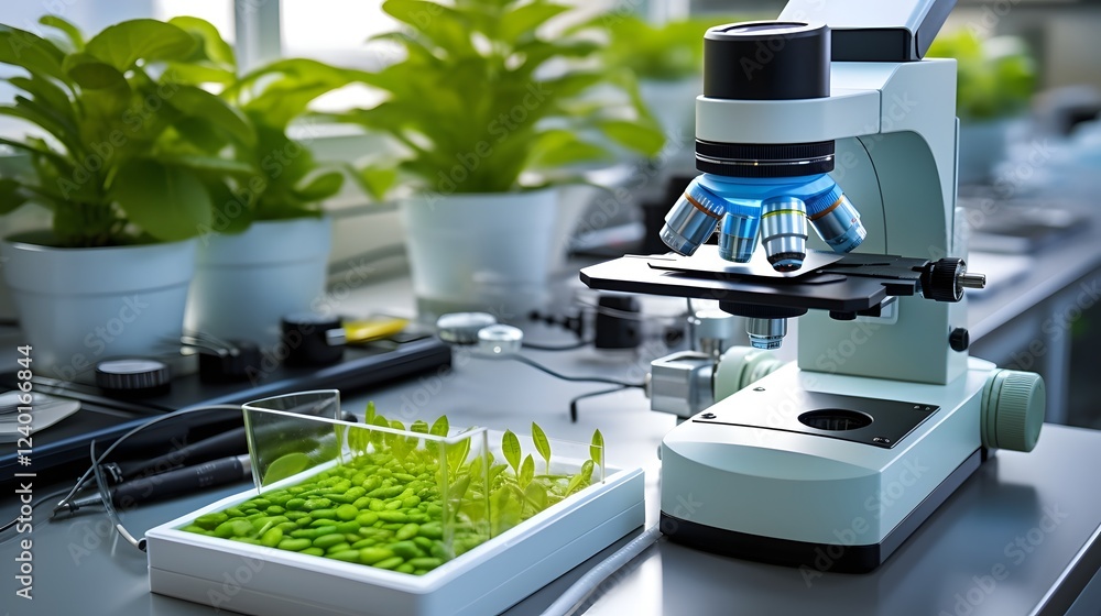 Poster detailed close up view of a microscope analyzing a vibrant biological sample in a scientific laborat