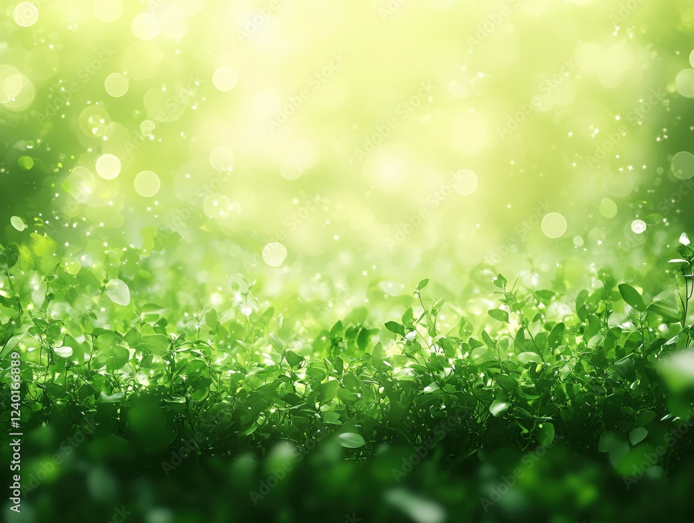 Poster lush green foliage with bokeh and sparkling light creating a magical nature background