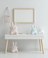 White minimalist kids room interior with three bunny lamps, a wooden frame, and a mini basketball hoop. Soft pastel colors, clean lines and simple