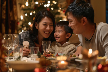 asian family with a young son and daughter, connections and happiness during the festive season, christmas dinner