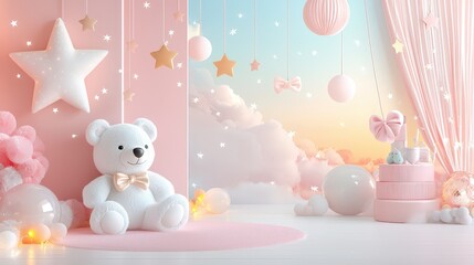 A cozy and tranquil pink nursery with plush white bear toys, light bows, and a soft, inviting glow, designed to help babies feel comforted and secure.