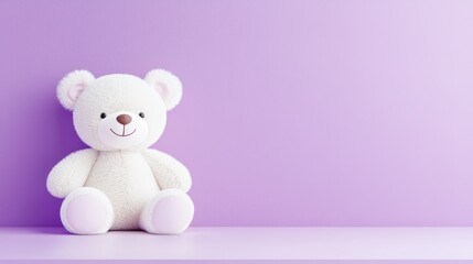 Obraz premium A cute, plush white teddy bear with a gentle smile sitting on a smooth violet background, radiating charm and nostalgia.