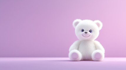 Obraz premium A cute, plush white teddy bear with a gentle smile sitting on a smooth violet background, radiating charm and nostalgia.