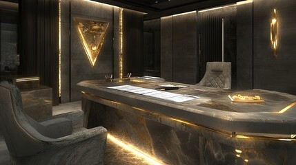 Modern concrete loft with a desk setup featuring a gold trading station, balance sheets, and luxury pens.