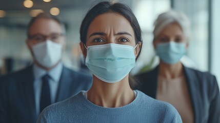 Group of diverse office workers wearing medical face masks in a minimalist office. Neutral tones with soft lighting and ample space for copy.