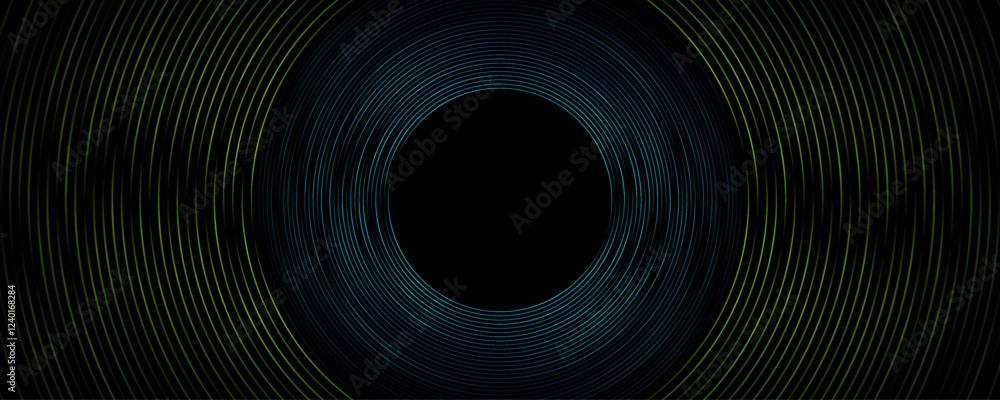 Poster Glowing green blue circular lines abstract geometric tech background. Vector minimal banner design