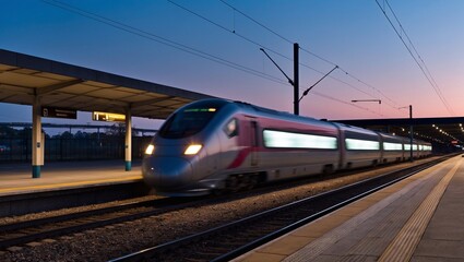 Fototapeta premium High-speed train zooms past an empty station, leaving a blur of lights against the evening sky, showcasing motion and progress in solitude.