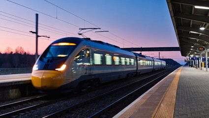 Fototapeta premium High-speed train zooms past an empty station, leaving a blur of lights against the evening sky, showcasing motion and progress in solitude.