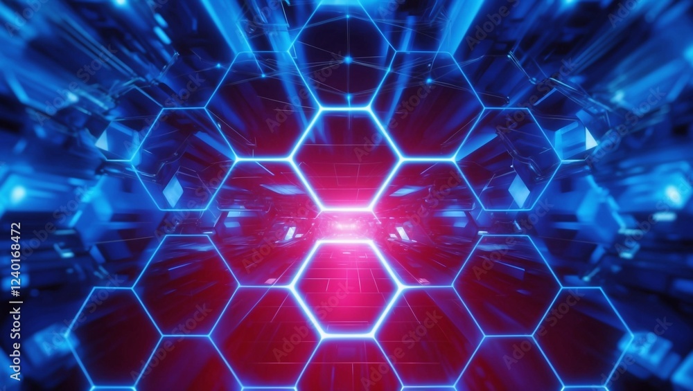 Wall mural blue digital background with glowing hexagonal network pattern