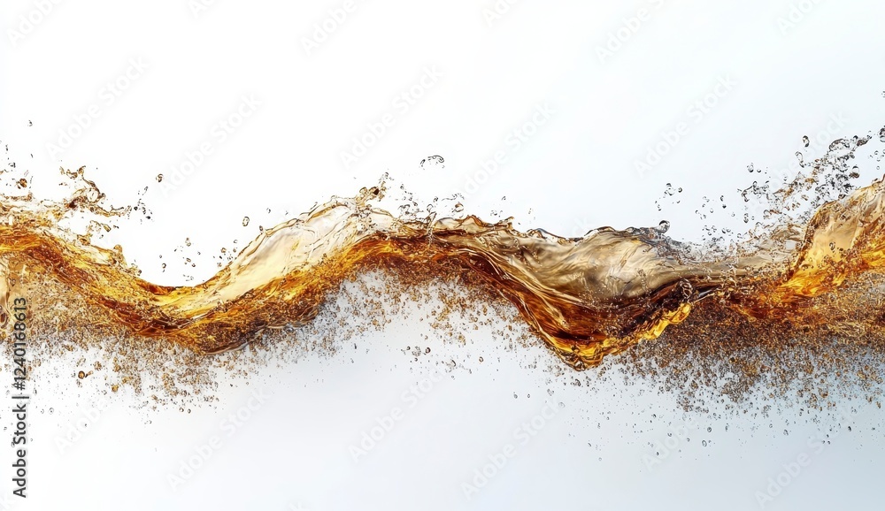 Poster abstract image of amber liquid flowing dynamically against a white background. the liquid forms eleg