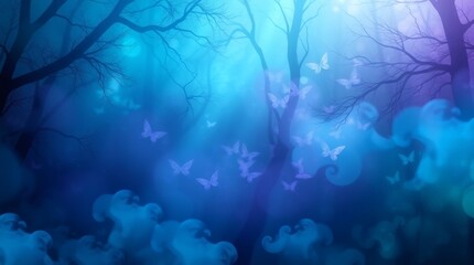 Obraz premium Ethereal forest scene with butterflies in shades of blue and purple during twilight hours, background wallpaper