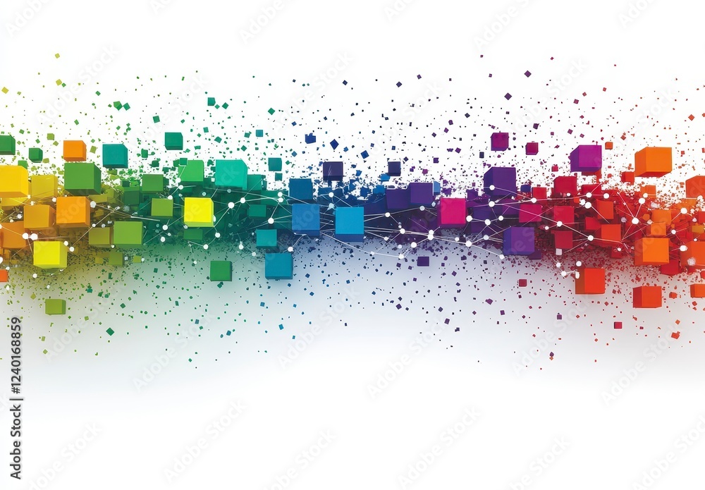 Poster abstract image of colorful cubes exploding across a white background. the cubes are various shades o