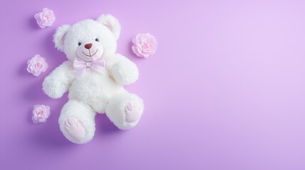 Obraz premium A lonely but lovable white teddy bear resting gently on a smooth violet background, evoking feelings of comfort and nostalgia.