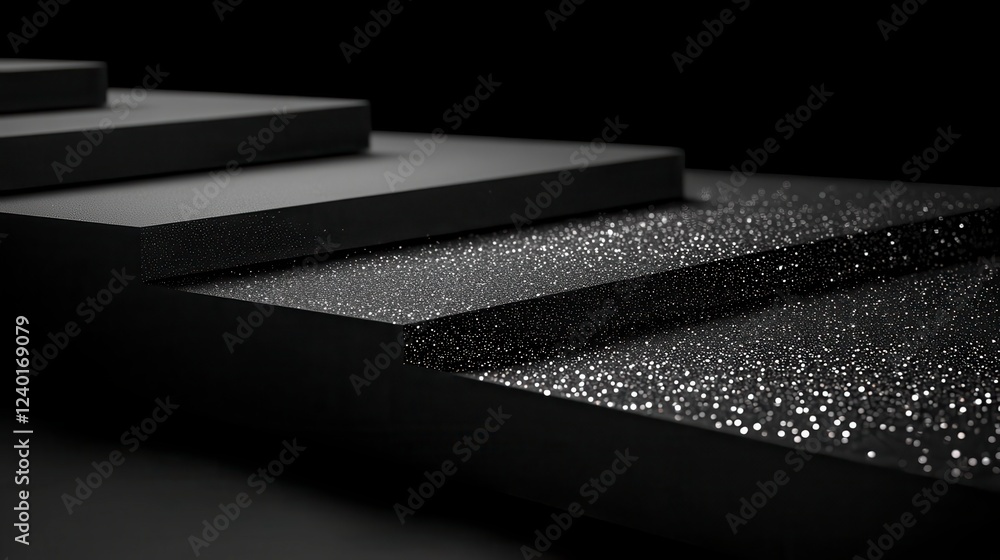 Poster abstract image of dark gray textured steps with glittering particles cascading down. low key lightin