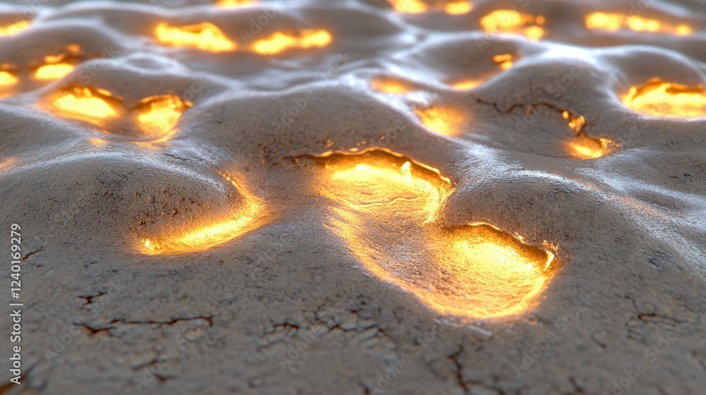 Poster abstract close up of a textured surface with glowing, warm toned light emanating from various points