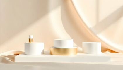 Minimalist product display, cylindrical golden podium, white circular base, beige background, soft lighting, elegant presentation, luxury showcase, 3D rendering, clean aesthetic, subtle shadows, warm 