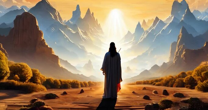 Jesus and the devil stand face-to-face on the edge of a cliff at dusk.