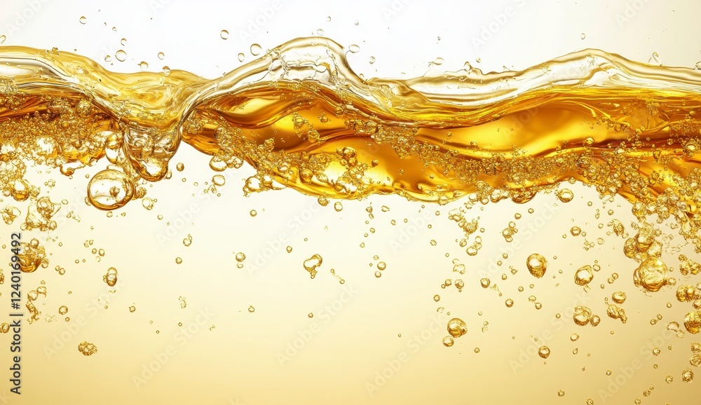 Poster abstract close up of golden liquid with wave and bubbles against a light beige background. the image