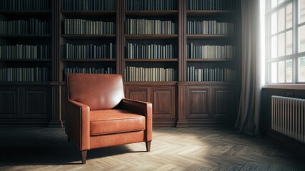 Personal growth through lifelong learning. Cozy leather chair in a dimly lit library with bookshelves filled with books.