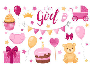 Set of bright colorful elements for girl's birthday celebration. Children's theme. Vector illustration. Isolated on white background.
