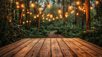 Rustic wooden table in forest with hanging string lights