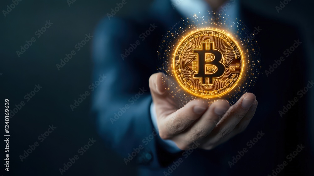 Aufkleber Man Holding Bitcoin Symbol with Sparkles in Financial Context