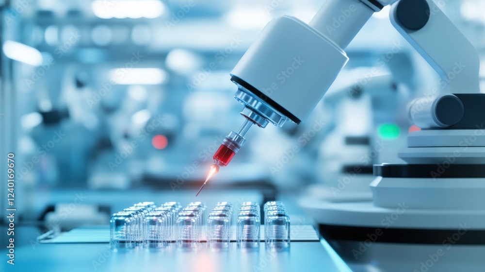 Poster Advanced Robotic Arm Handling Laboratory Vials in High-Tech Setting