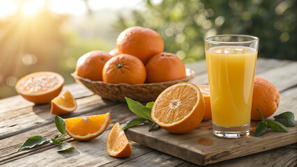 Fresh Orange Juice with Juicy Oranges and a Sunlit Background