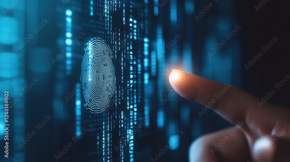 Poster finger touching digital screen with cyber security concept display