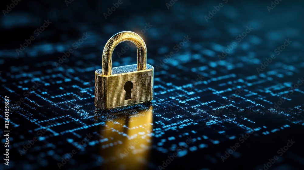 Poster Golden Padlock on Digital Background Representing Cybersecurity Concepts