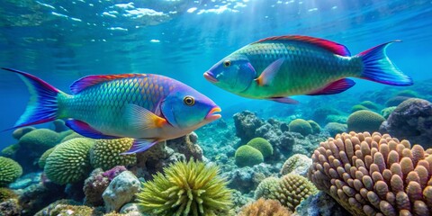 Fototapeta premium Colorful Tropical Fish Swimming Over Vibrant Coral Reef Ecosystem
