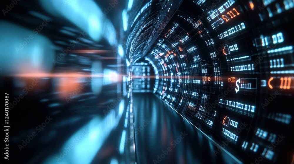 Aufkleber Futuristic Data Tunnel with Glowing Binary Code and Light Effects