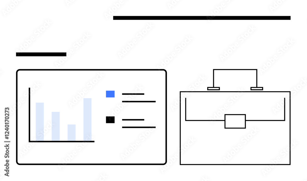 Poster bar chart and checklist on a screen paired with a briefcase. ideal for data analysis, business plann