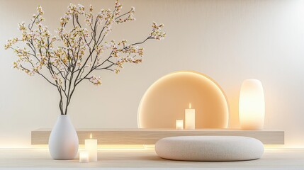 A soothing minimalist room decorated in gentle pastel tones with cozy textures and soft lighting, creating a peaceful, serene atmosphere.